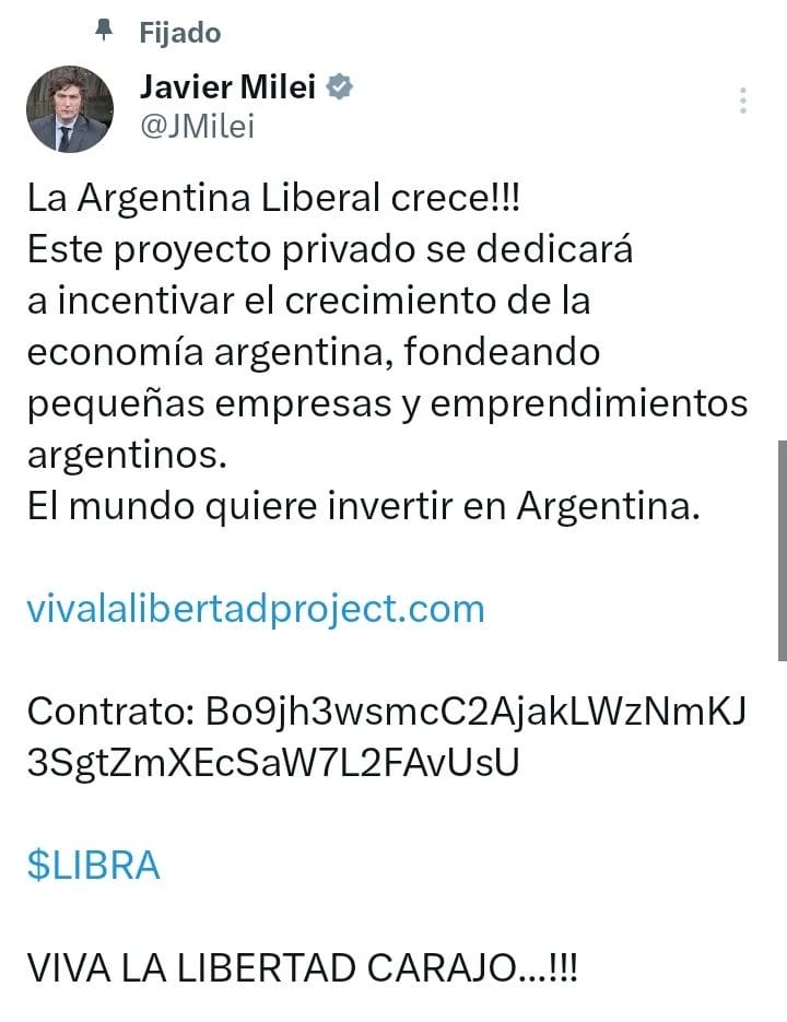 Tweet de Javier Milei sobre a LIBRA. Fonte: X