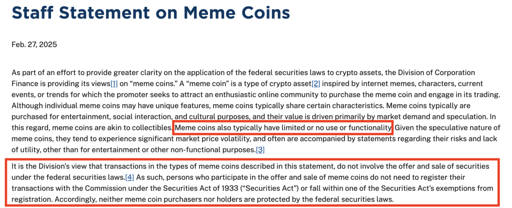 Declaração da SEC sobre meme coins