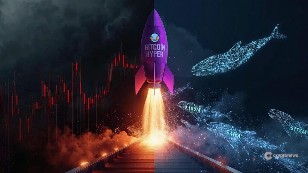 Foguete roxo do Bitcoin Hyper decolando com baleias digitais ao redor marcadas com valores de investimento, simbolizando presale de US$ 24 milhões enquanto gráfico vermelho de queda aparece ao fundo