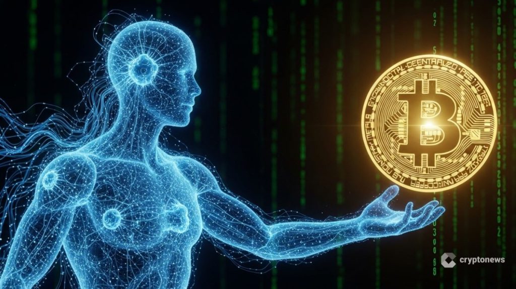 Inteligência artificial holográfica alcançando Bitcoin dourado em espaço digital - conceito de IA querendo Bitcoin segundo Michael Saylor