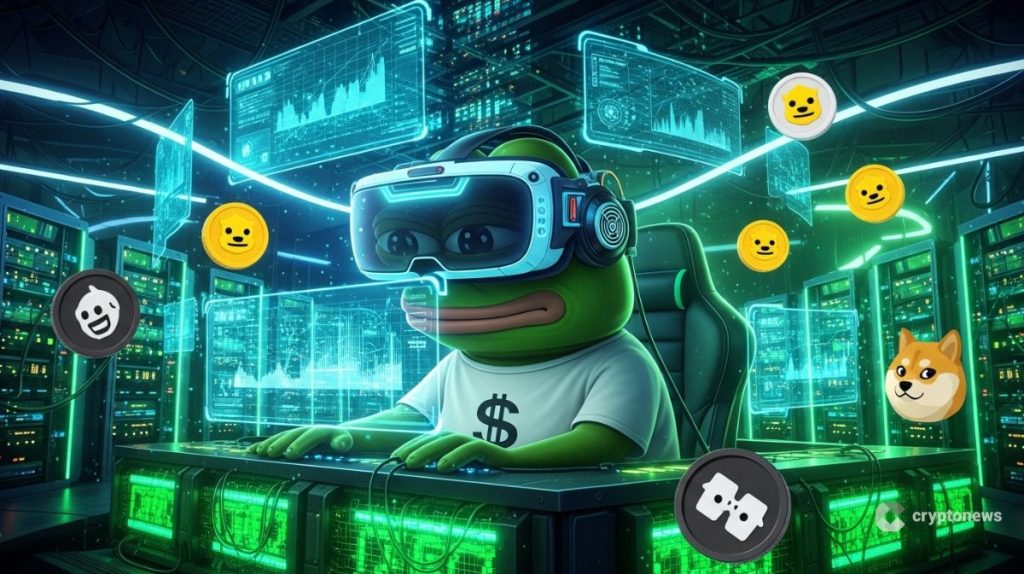 Ilustração do Pepe the Frog usando headset VR em sala de servidores virtual com símbolos de memecoins flutuando, representando o conceito de mineração gamificada do PEPE Node