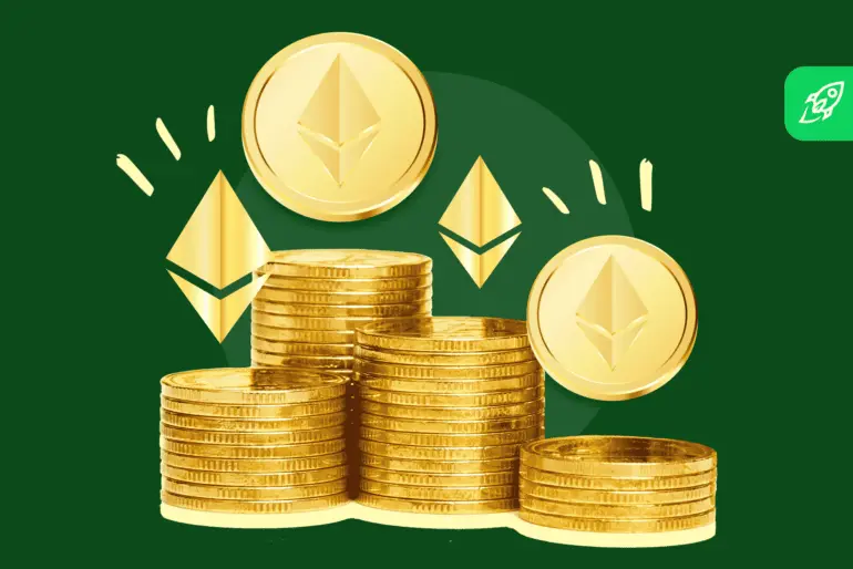 Stacks of gold coins featuring Ethereum logos on a green background.