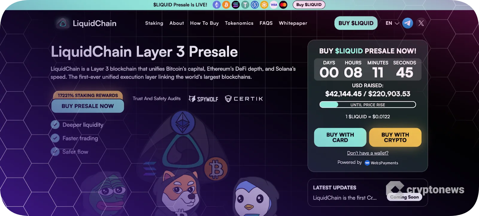 LiquidChain Layer 3 Presale webpage with countdown and purchase options.