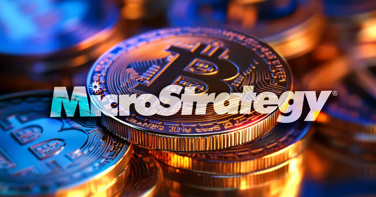 Close-up of Bitcoin coins with a vibrant background and MicroStrategy logo overlay.