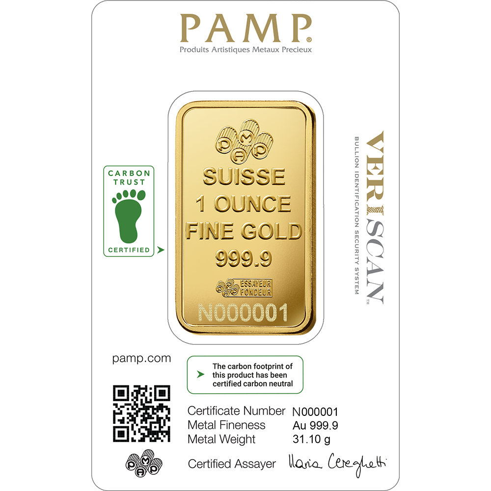 MKS PAMP Suisse 1 ounce gold bar with Carbon Trust certification on packaging.