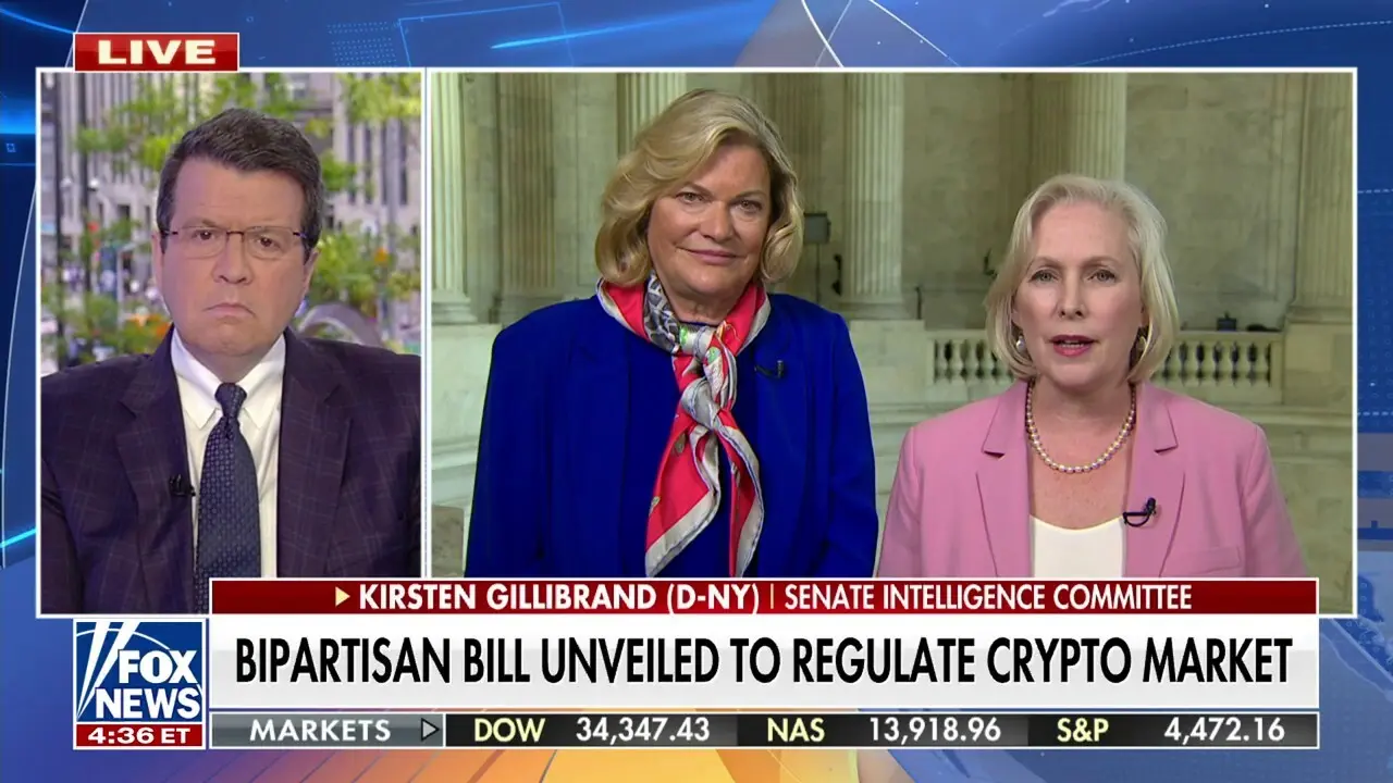 Live news segment featuring a discussion on cryptocurrency regulation with two female senators.