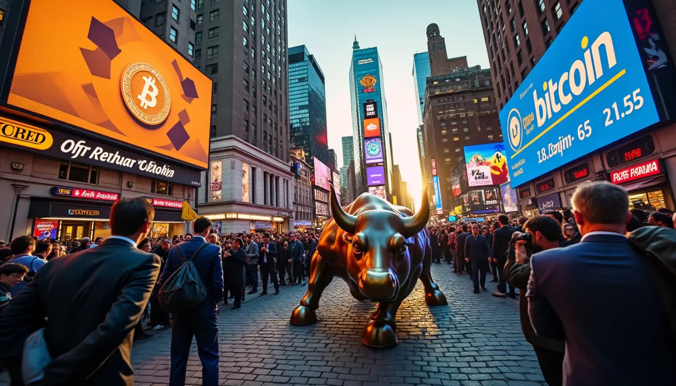 Golden bull statue in Times Square with Bitcoin advertisements and crowds of people.