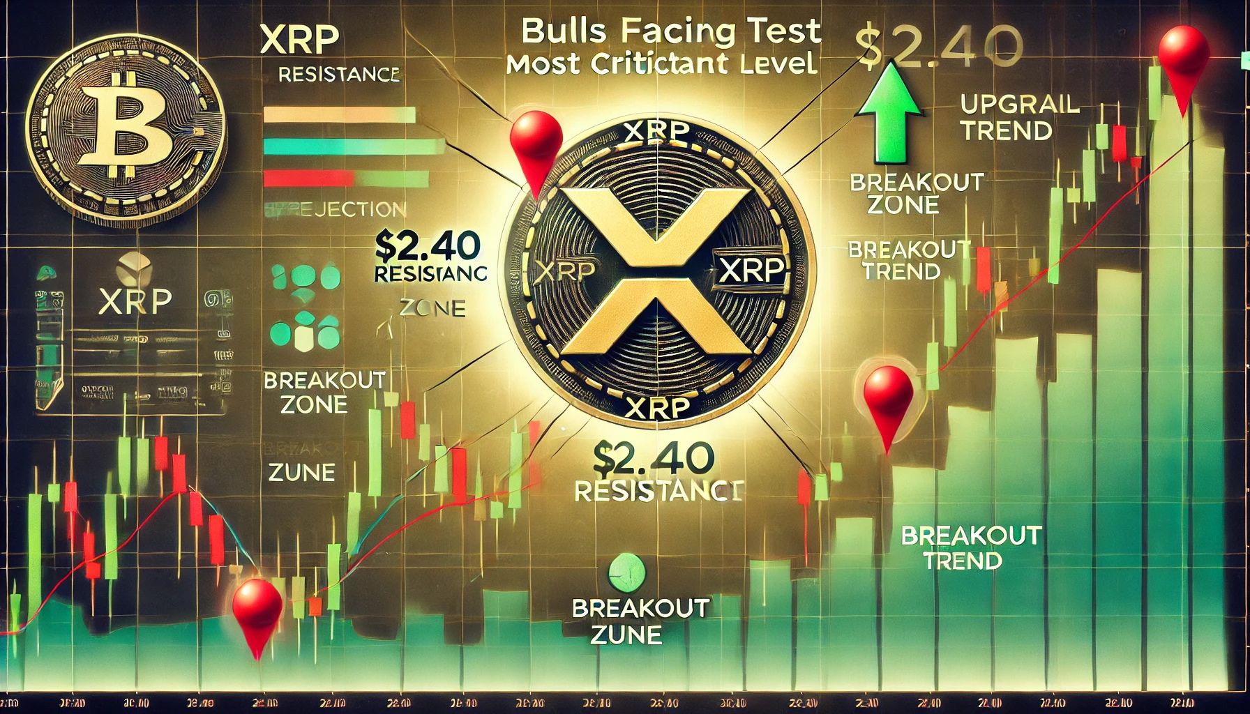 Illustration of XRP price chart with $2.40 resistance and bullish indicators.