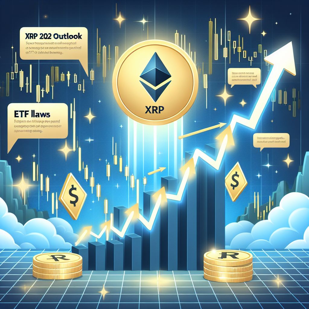 Illustration of XRP coin with rising chart and dollar signs on blue background.