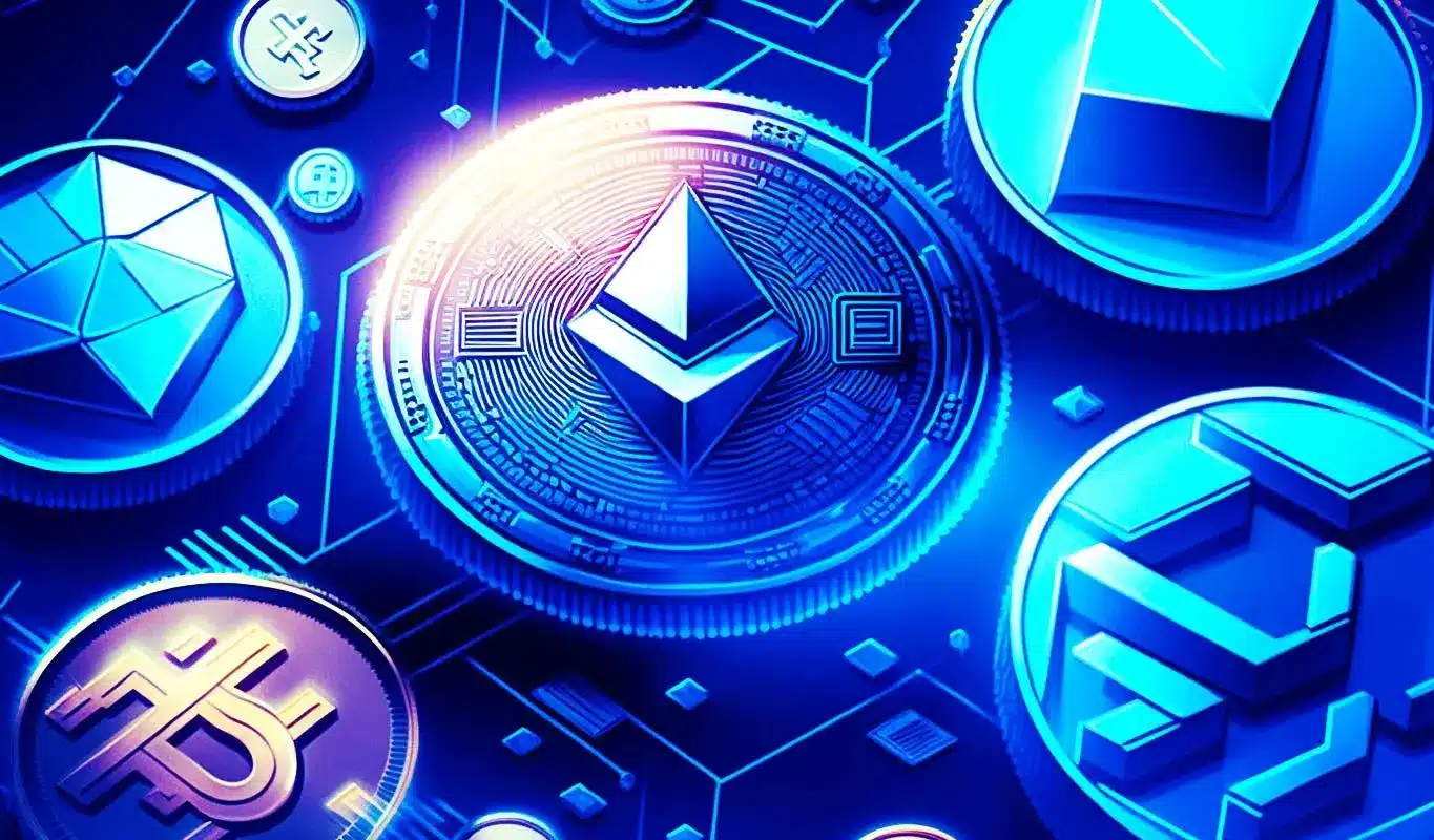 Colorful digital representation of Ethereum and other cryptocurrencies on a blue background.
