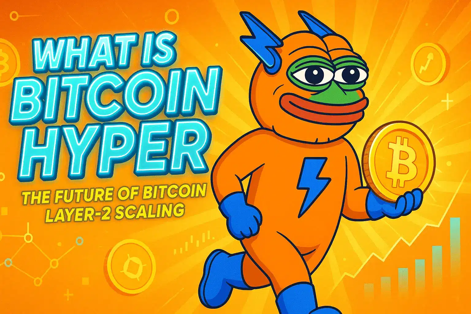 A cartoon character wearing an orange suit holding a Bitcoin while running, with a bright background.
