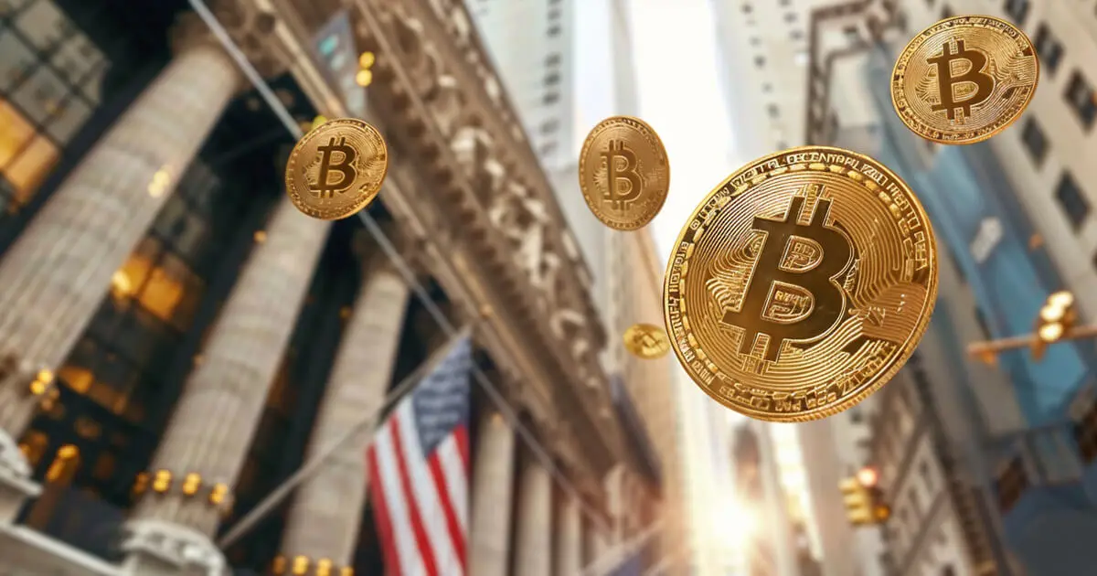 Gold Bitcoin coins floating in front of a city street with tall buildings and an American flag.