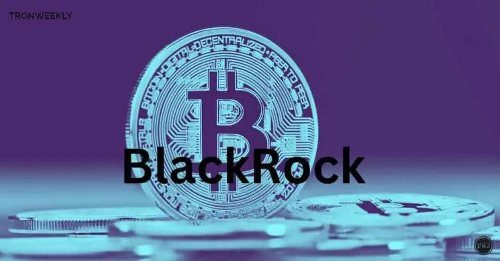 A prominent Bitcoin coin with the name 'BlackRock' displayed over it.