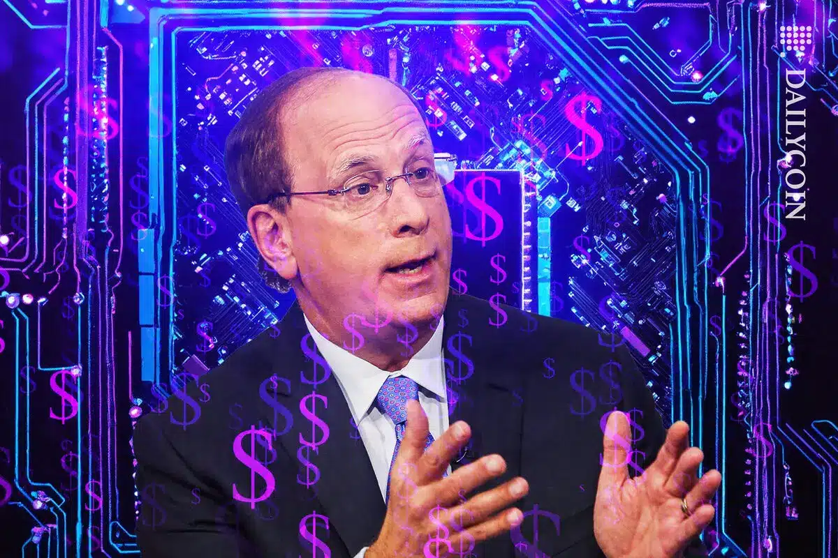 A man gestures while discussing finance, with a digital circuitry background and dollar signs overlay.