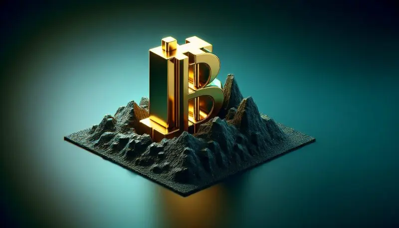 3D golden token symbol on a textured surface with abstract mountains in the background.