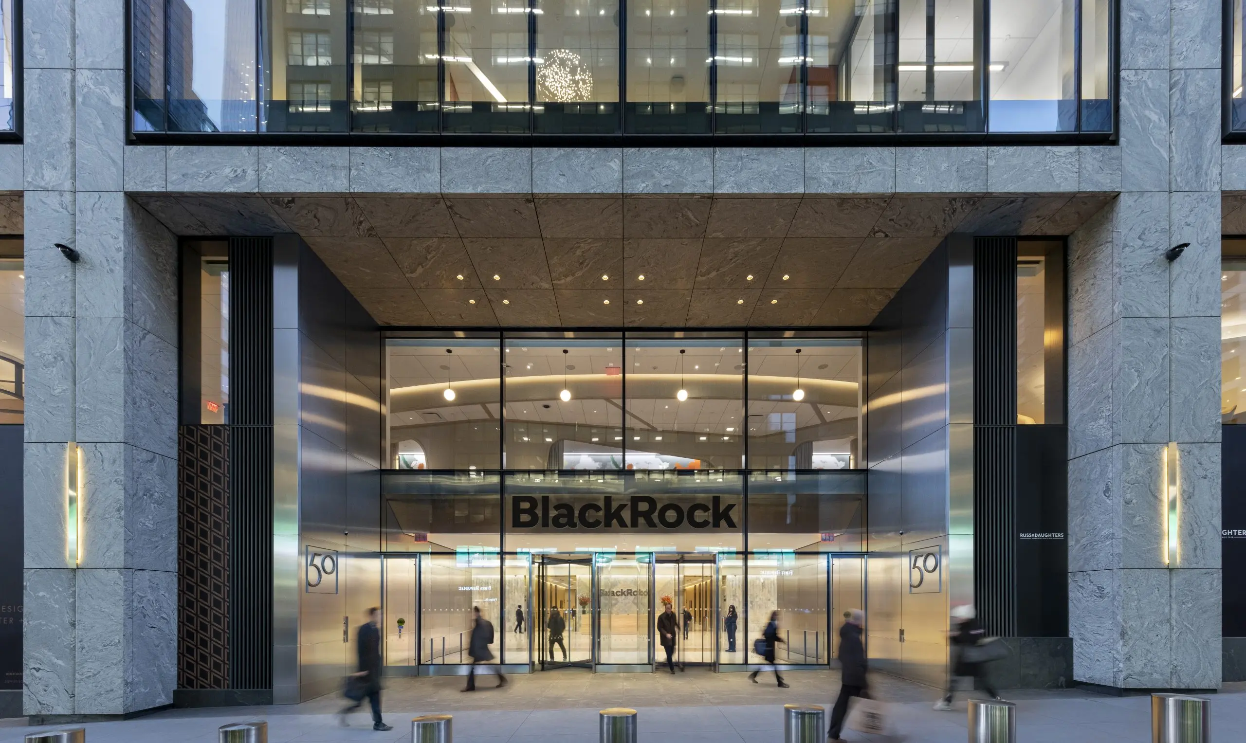 Exterior view of BlackRock headquarters in New York, showcasing modern architecture.