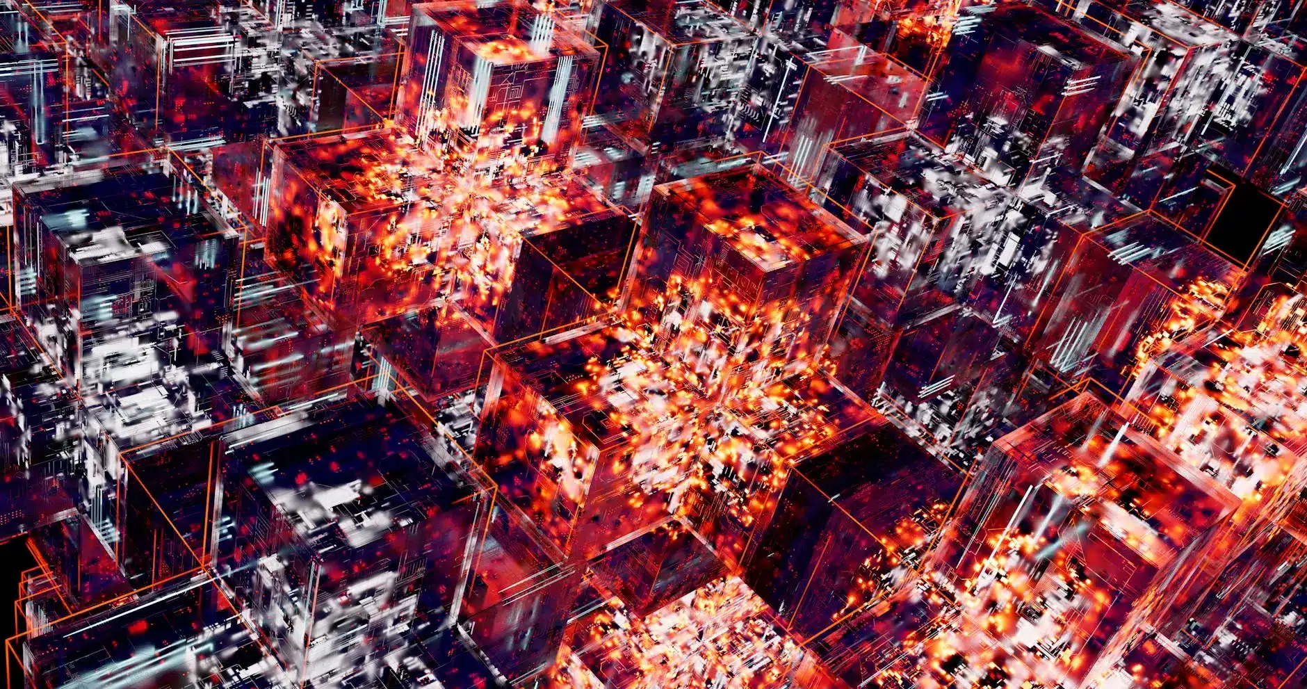 Abstract digital visualization of interconnected blocks with orange highlights.