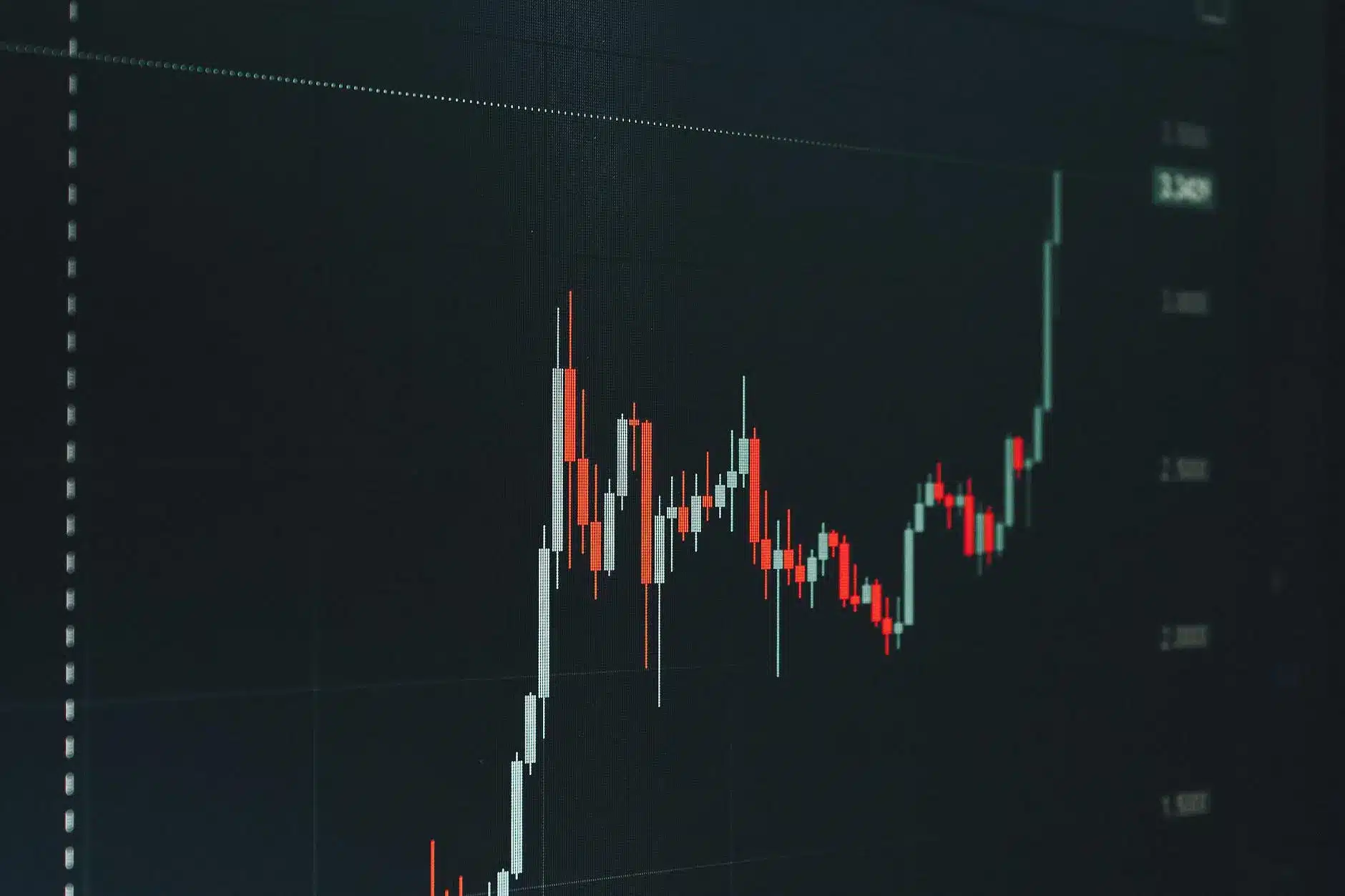 A candlestick chart displaying cryptocurrency price fluctuations with red and green bars.
