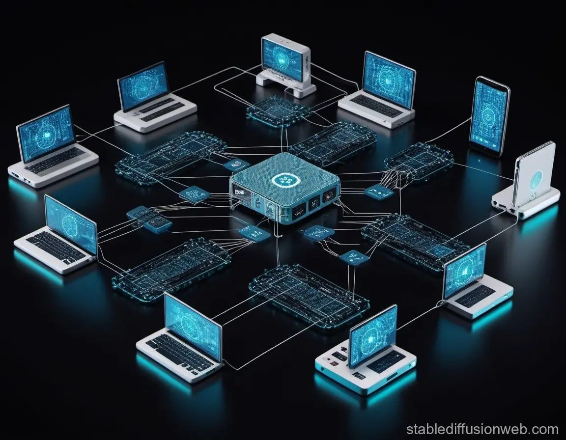 A digital depiction of interconnected devices and blockchain nodes on a dark background.
