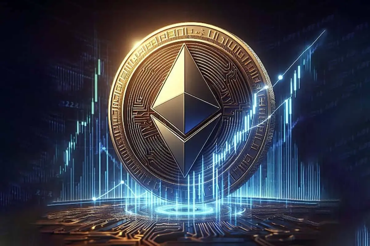 A glowing Ethereum coin above a digital price chart with upward trends.
