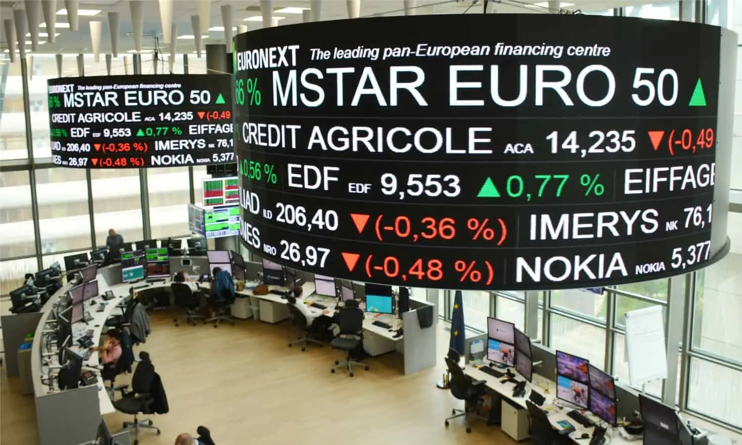 Trading floor at Euronext Amsterdam showing stock prices and market data screens.