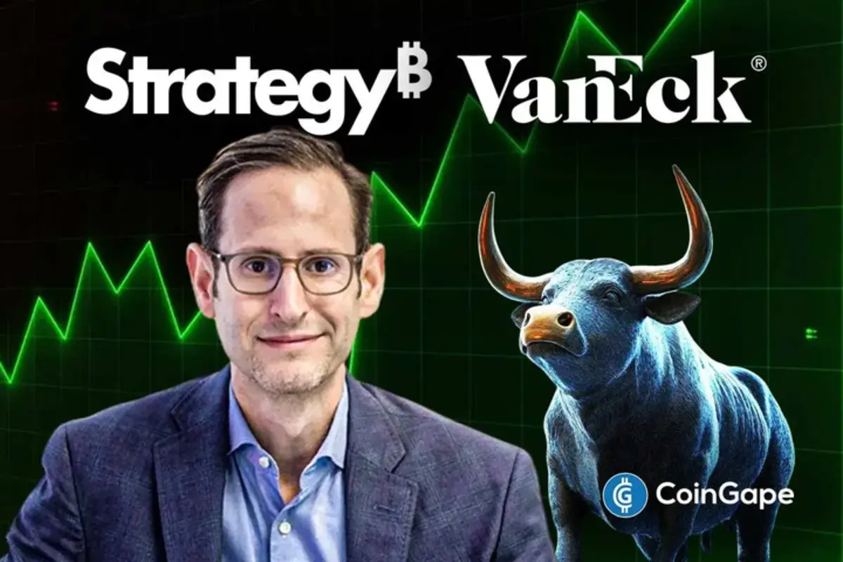 Matthew Sigel VanEck smiling, with a bull and green financial graph in background.