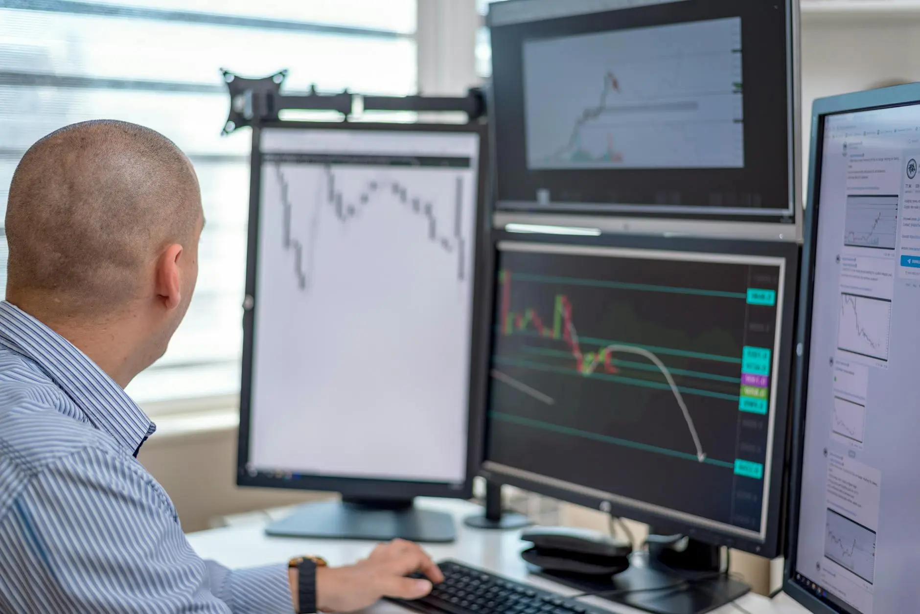 Professional trader analyzing multiple trading charts on computer screens.