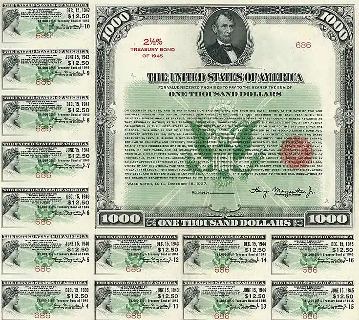 U.S. Treasury bond certificate for $1,000, issued in 1945 with payment details.