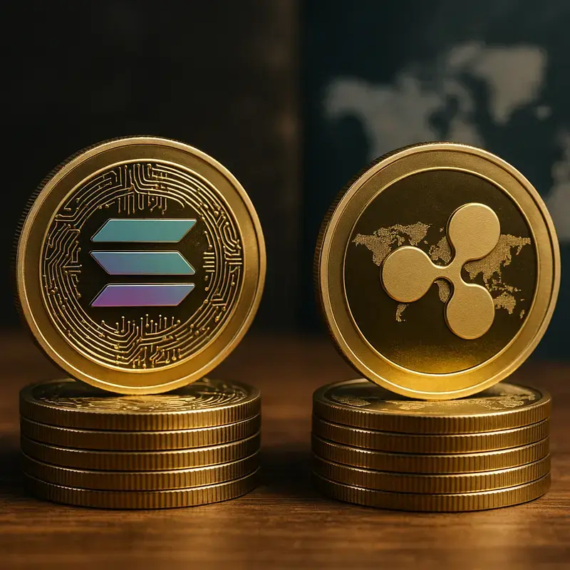 Golden coins representing Solana and Ripple XRP on a wooden surface.