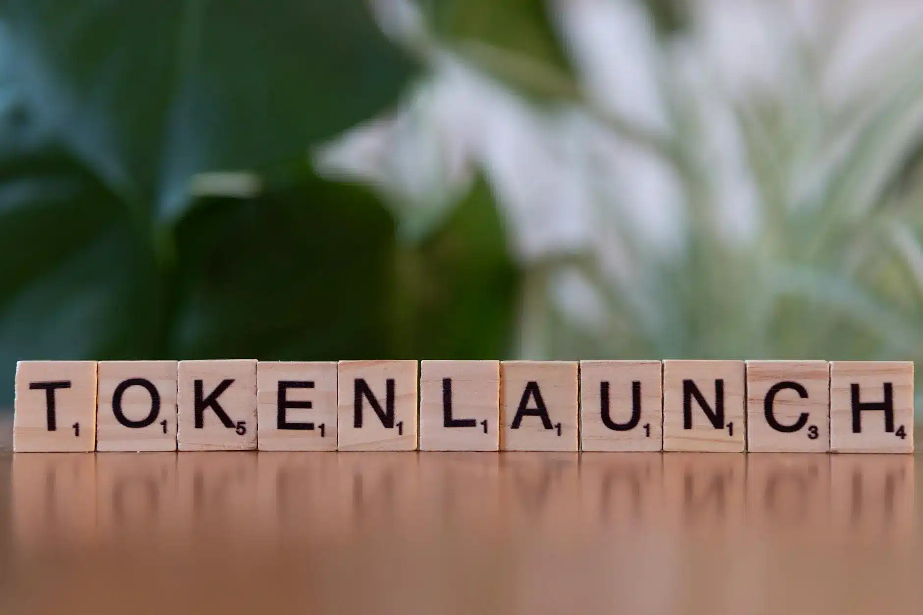 Wooden blocks spelling 'TOKENLAUNCH' on a wooden surface with green background.