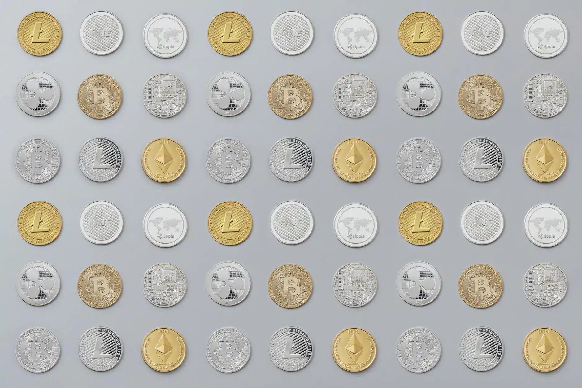 A grid of various cryptocurrency coins including Bitcoin, Ethereum, and Litecoin.