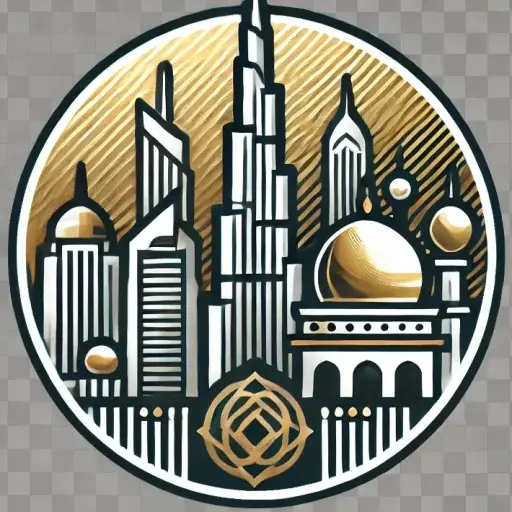 Stylized illustration of Dubai's skyline featuring Burj Khalifa and other iconic buildings.