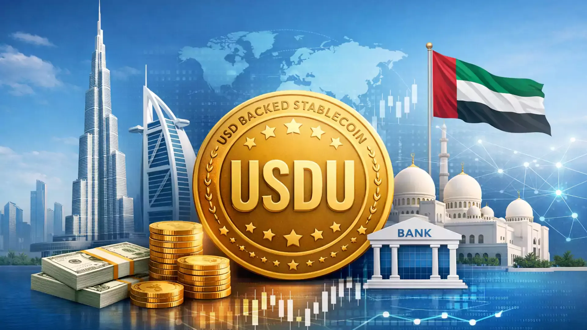 Gold USDU stablecoin with stacks of coins, bank, and UAE skyline in background.