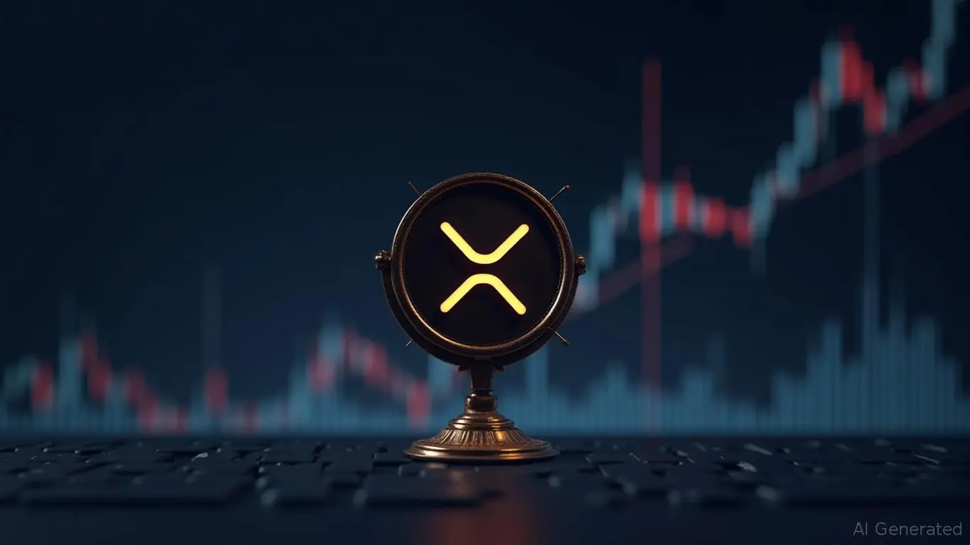 An XRP logo on a stand in front of a blurred price chart background.