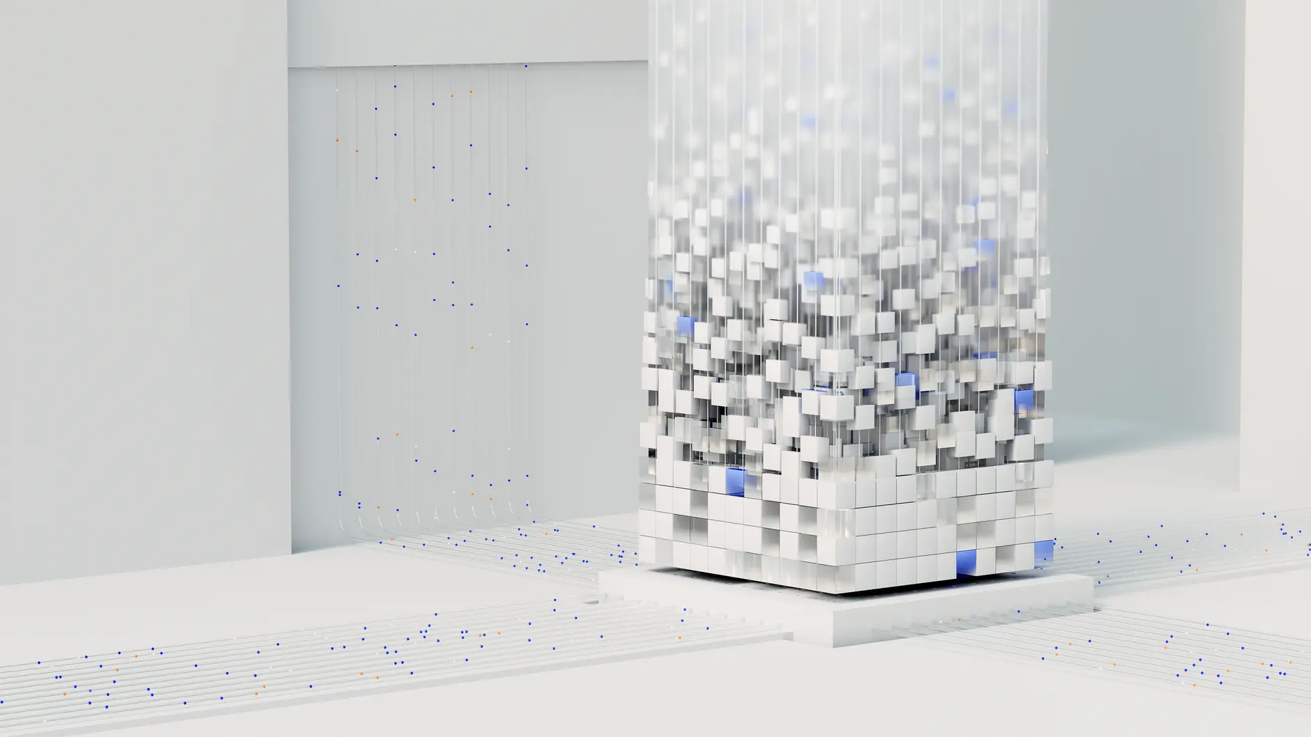 Abstract visualization of data flow with blocks and lines representing AI servers.