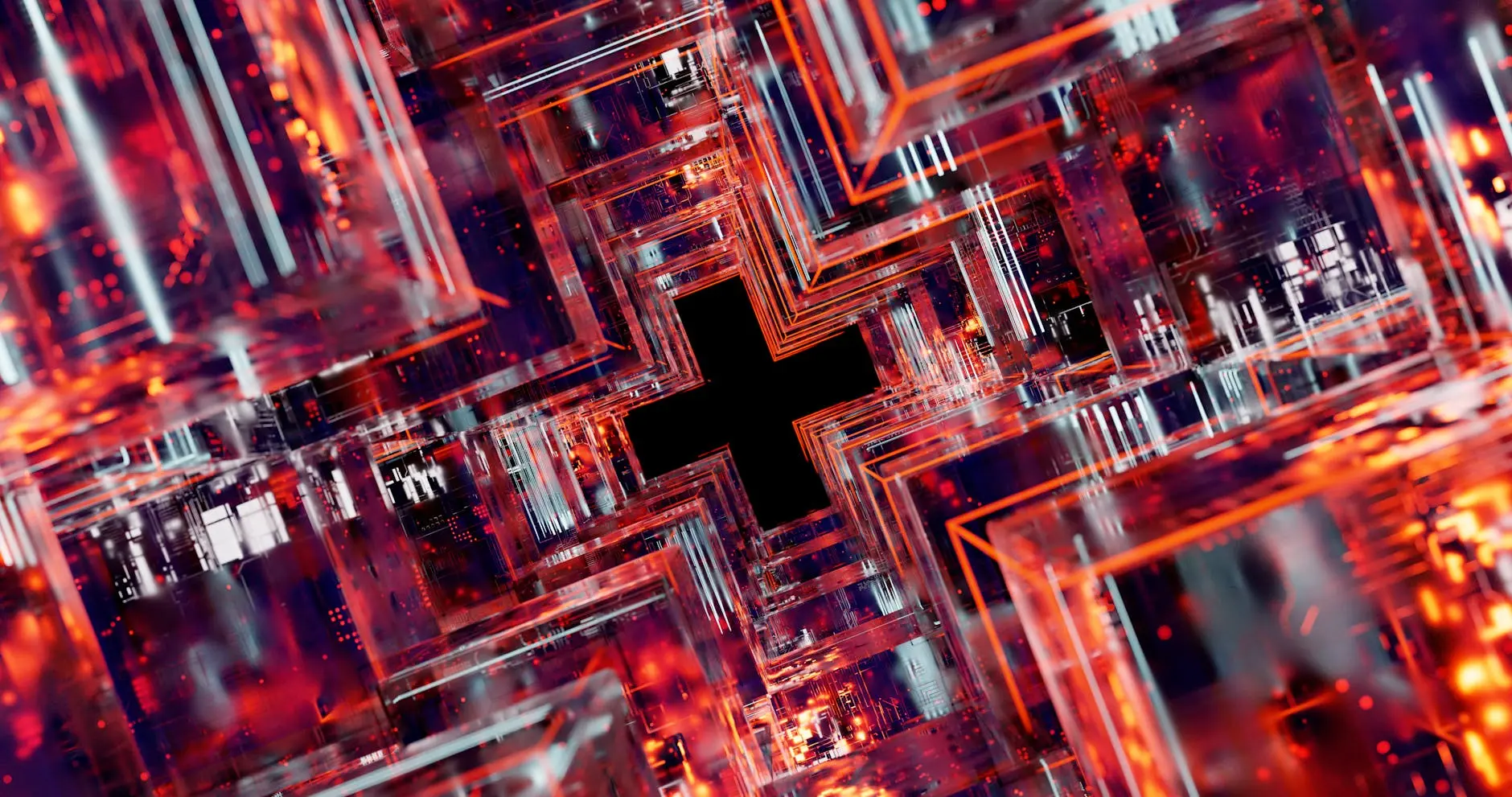 Abstract digital network layered cubes with glowing edges and dark background