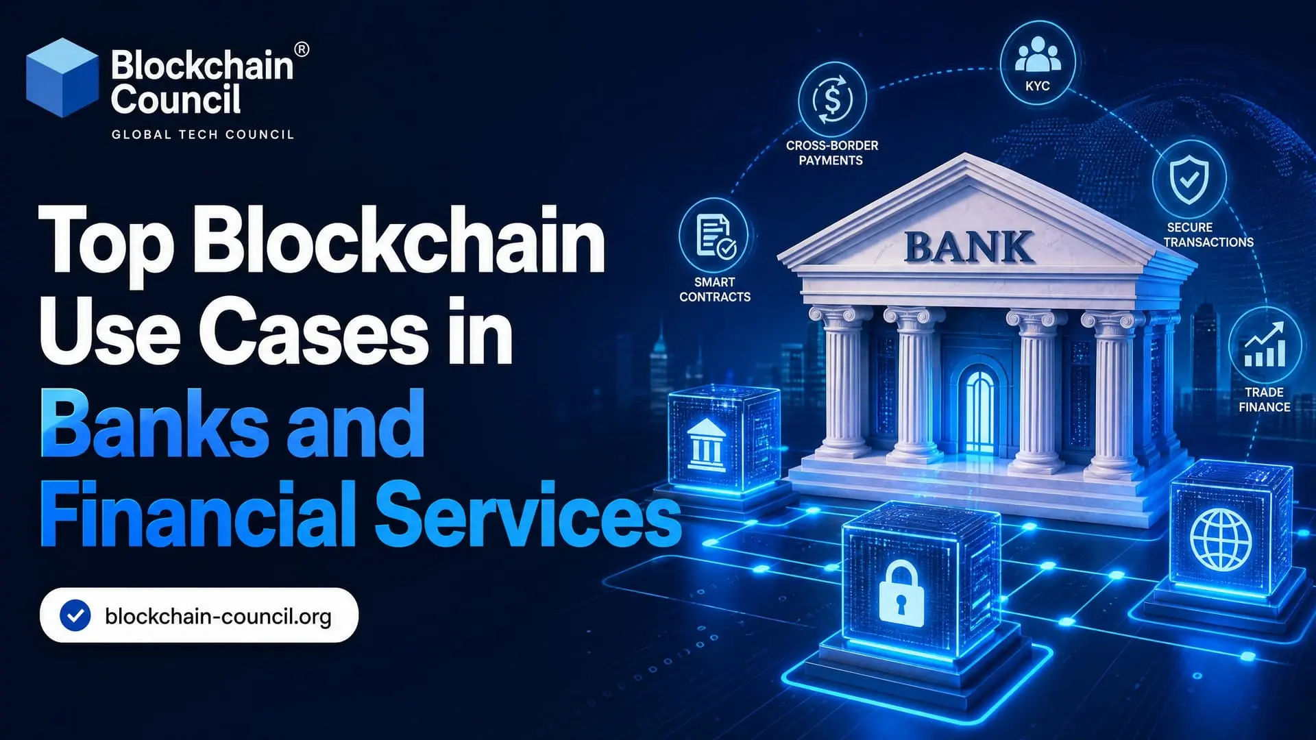 Conceptual image of a bank with blockchain elements for financial services.