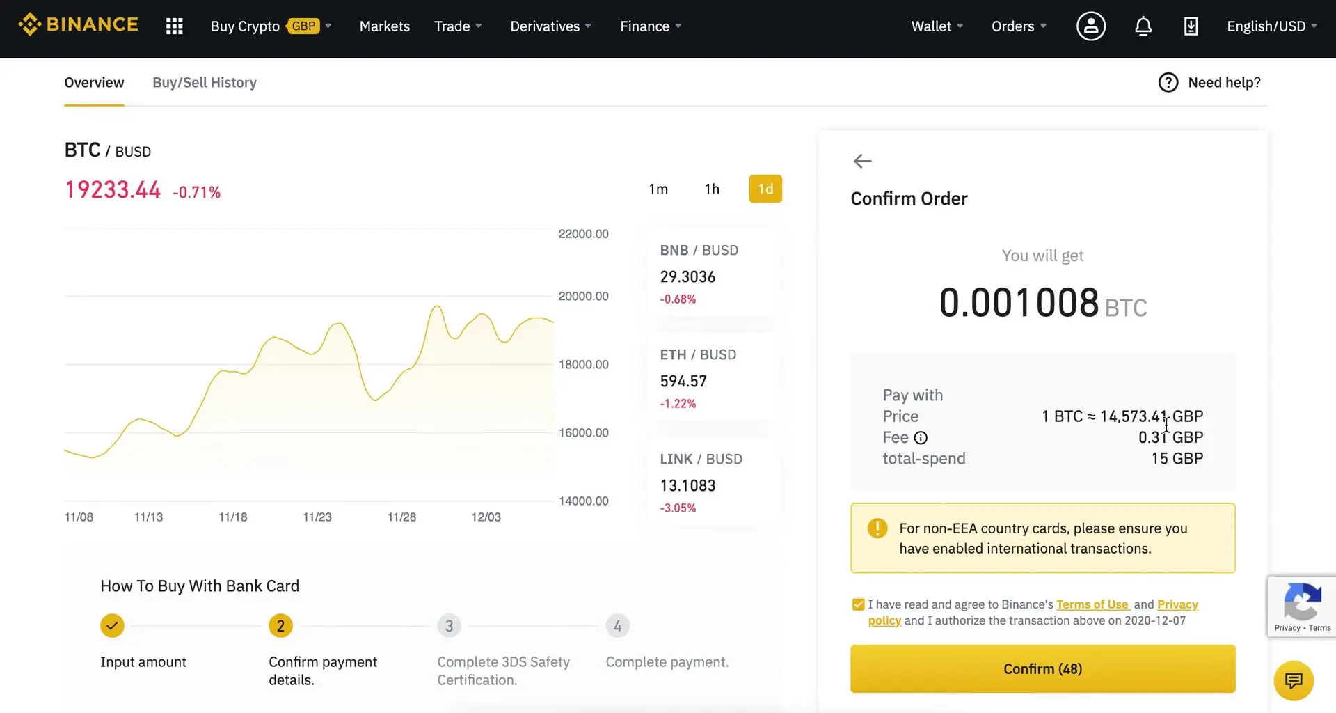 Binance trading interface showing BTC/BUSD price chart and a confirm order window for Bitcoin purchase