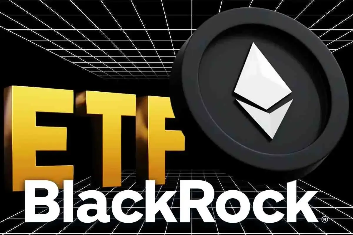 3D graphic with the BlackRock logo, a gold ETF text, and a black Ethereum coin against a grid background.