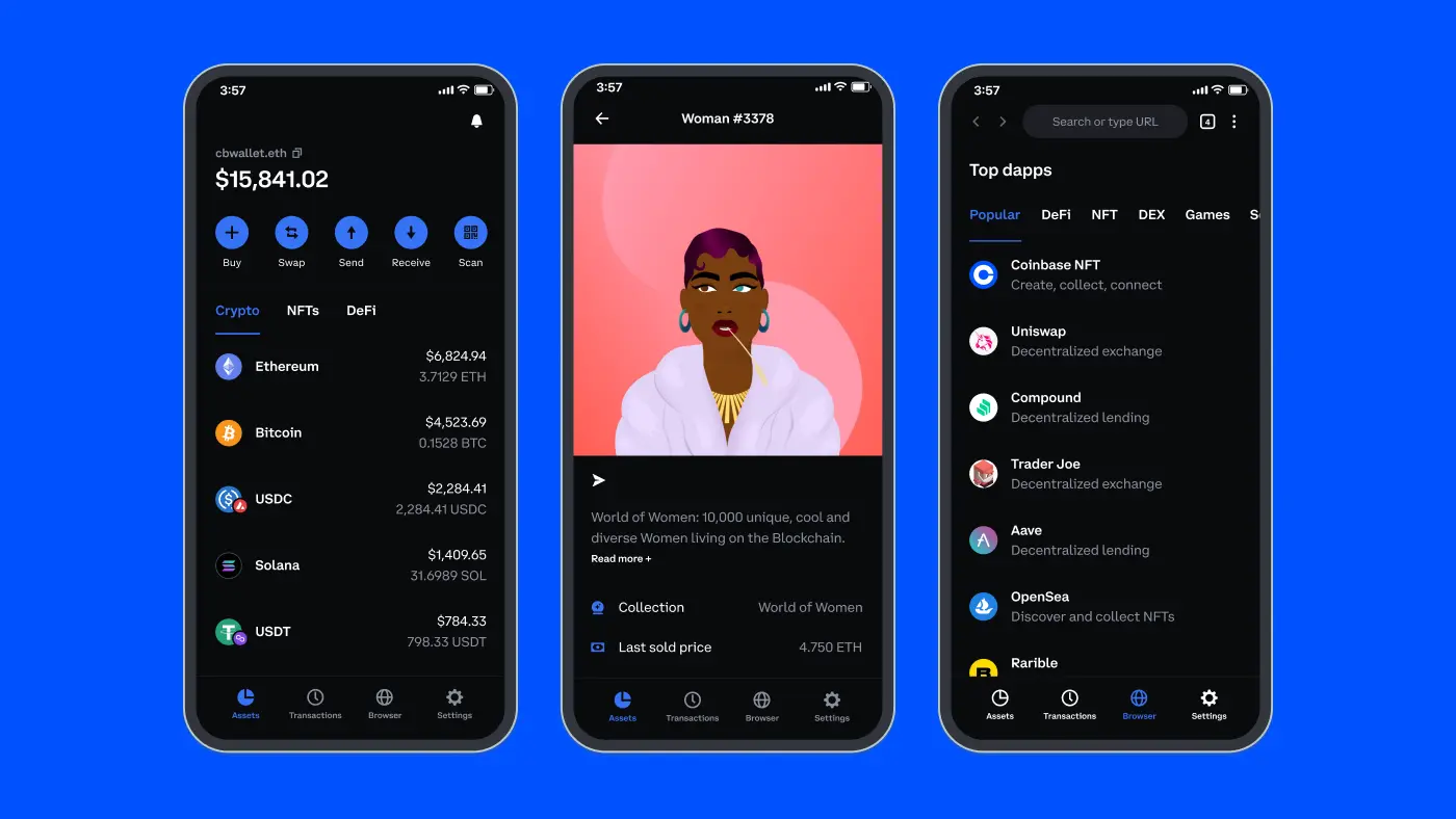 Coinbase app interface showing cryptocurrency balances and NFT details.