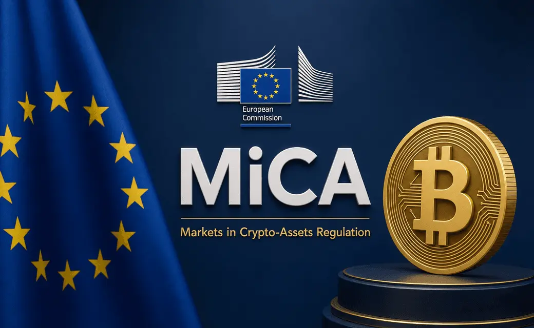 European Union flag, European Commission logo, and a golden Bitcoin coin next to the text MiCA Markets in Crypto-Assets Regulation