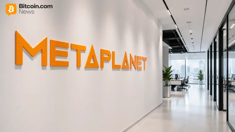 Interior view of Metaplanet office with orange logo on the wall.