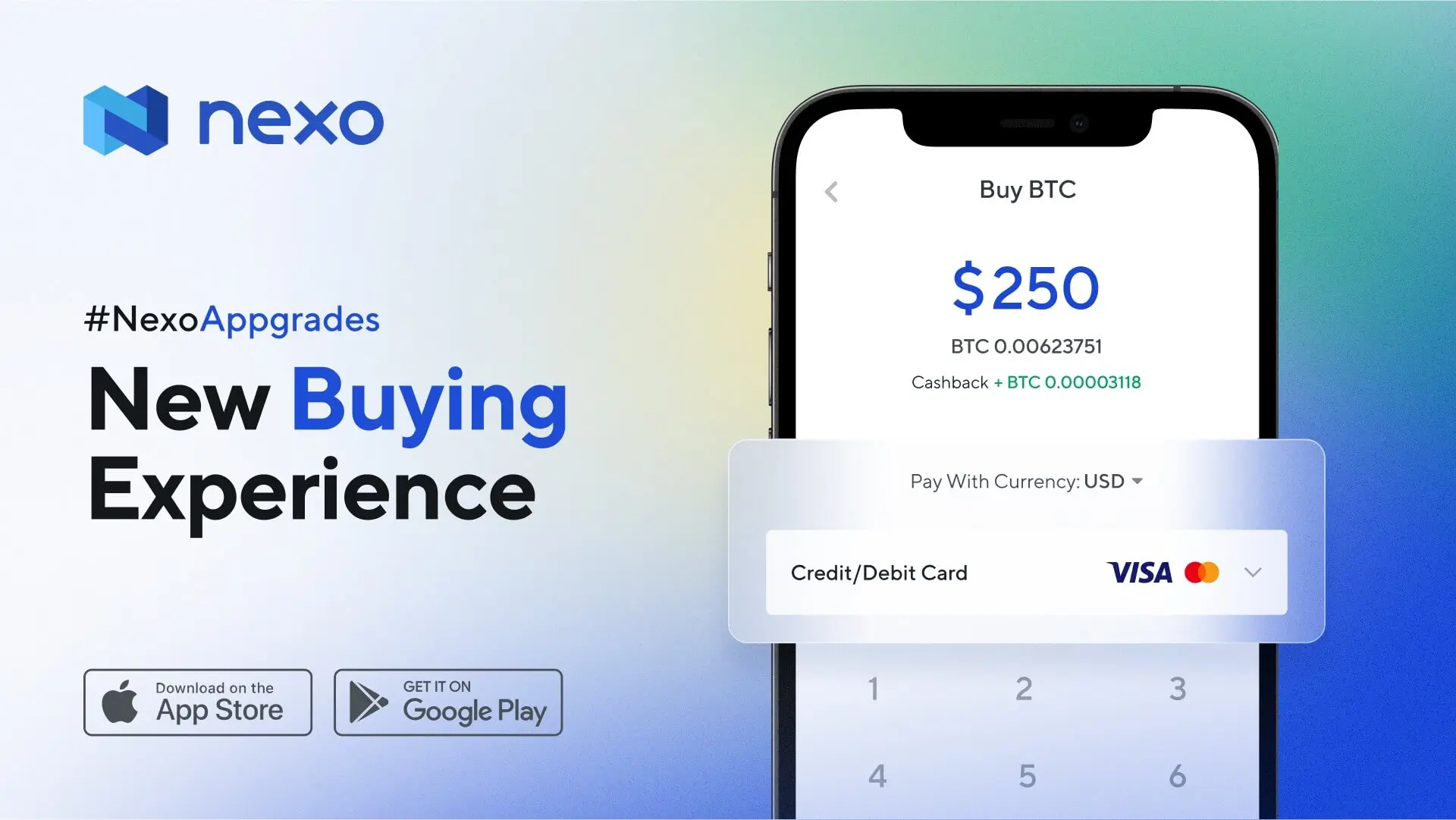 Nexo app interface on a smartphone showing a Bitcoin purchase screen for 250 USD with payment options.
