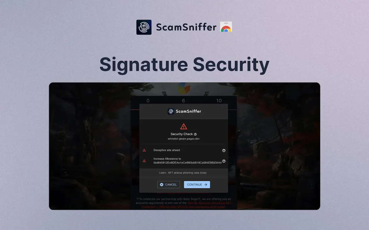 Scam Sniffer blockchain security interface showing a security warning.