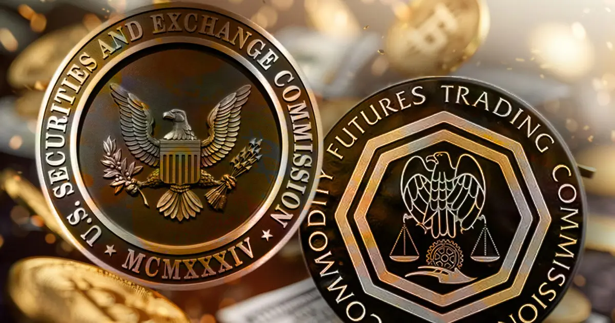 Gold coins featuring the seals of the U.S. Securities and Exchange Commission and the CFTC over Bitcoin symbols.