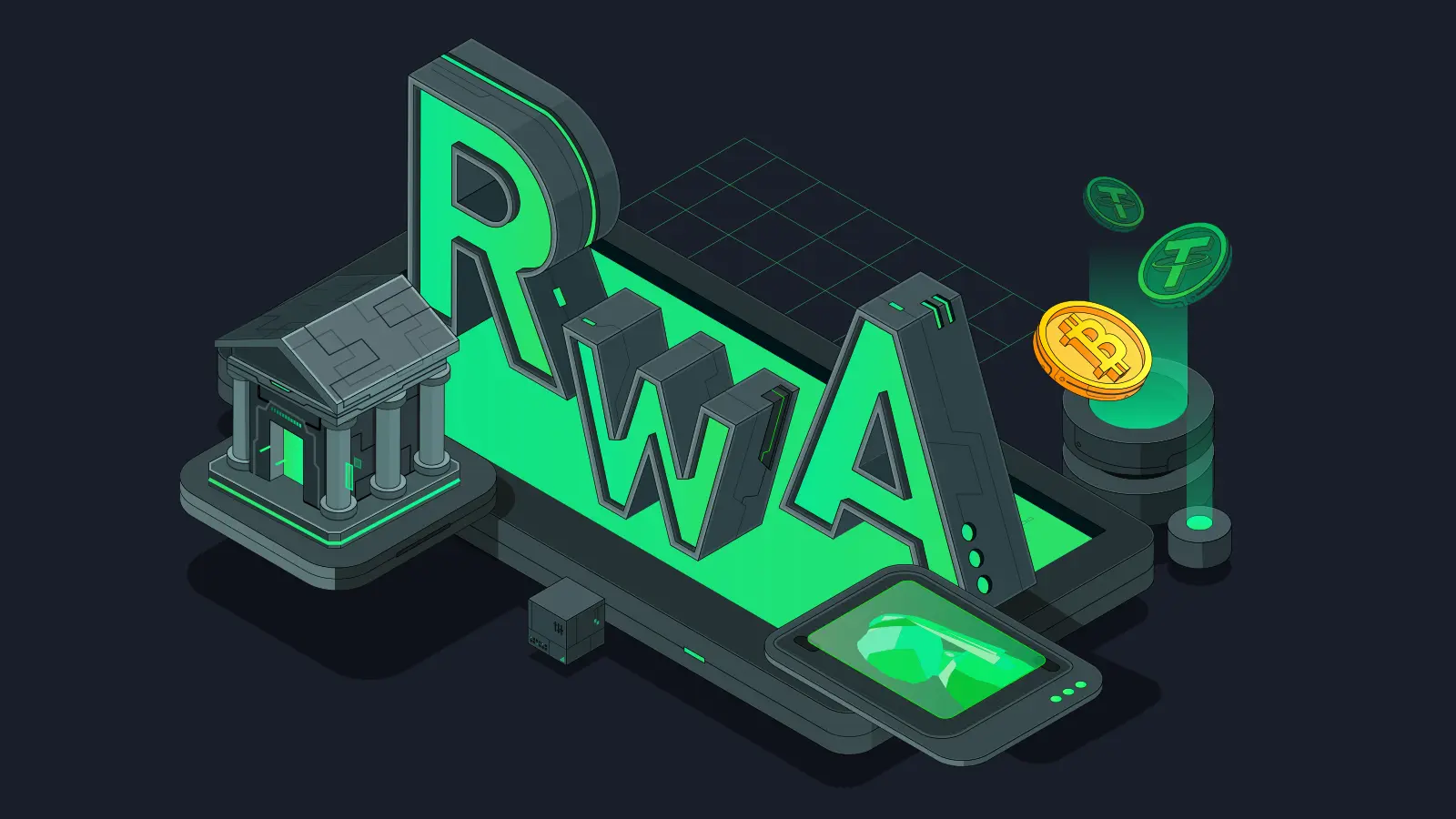 Isometric 3D illustration featuring the letters RWA, a bank building, and cryptocurrency coins on a digital screen.