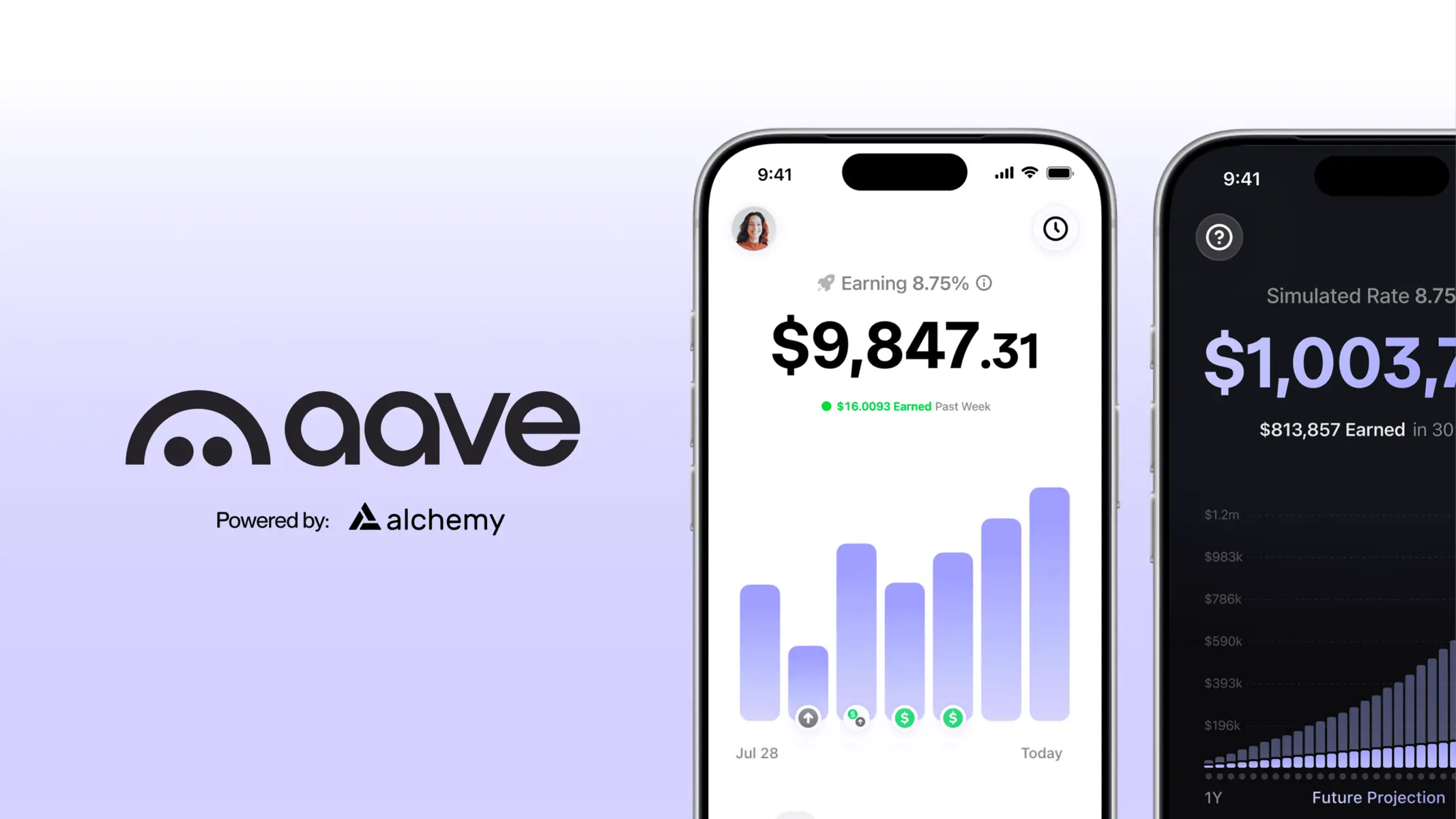 Mobile app interface for Aave DeFi protocol showing earnings and a growth chart