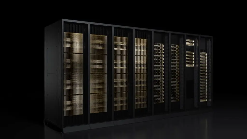 A high-density AI GPU server rack with multiple black chassis and gold-colored internal components
