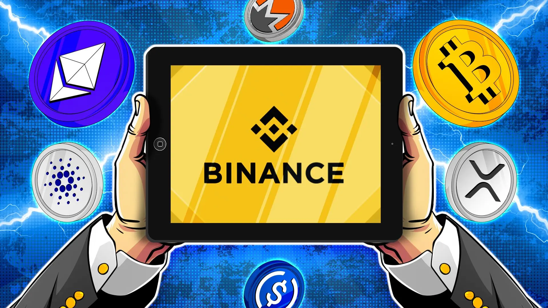 Hands holding a tablet displaying the Binance logo surrounded by various cryptocurrency coins