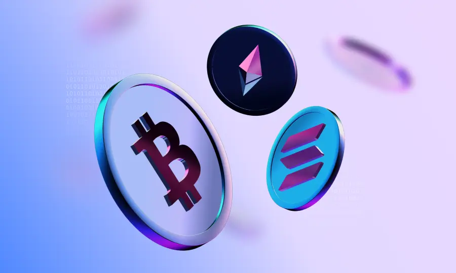 3D rendered coins featuring the Bitcoin, Ethereum, and Solana logos on a purple and blue gradient background